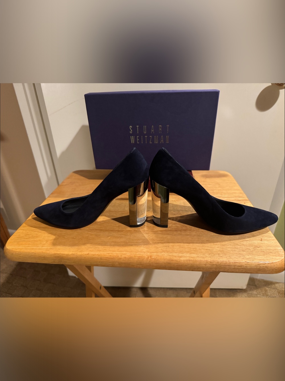 Stuart Weitzman Navy Suede Pointed Toe Pumps with Metallic Block Heels